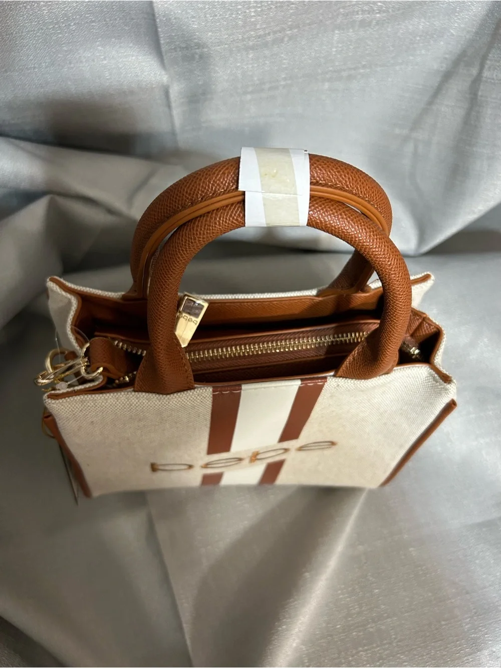 bebe Paisley Mini Canvas Satchel Crossbody Caramel/Cream & Tan with Tan Trim